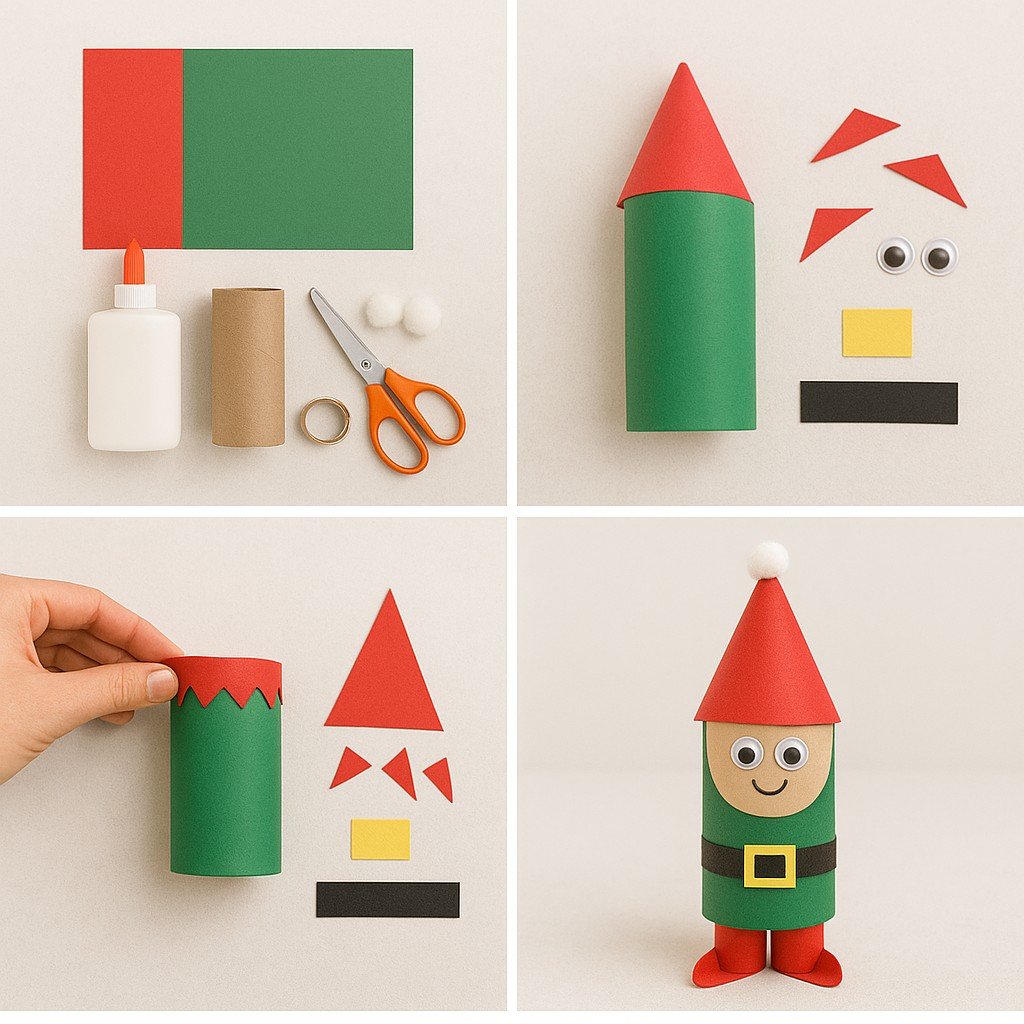 A festive elf figure made from a toilet paper roll with red hat, green outfit, and googly eyes.
Fun Christmas crafts like this elf help preschoolers strengthen hand coordination and creativity.