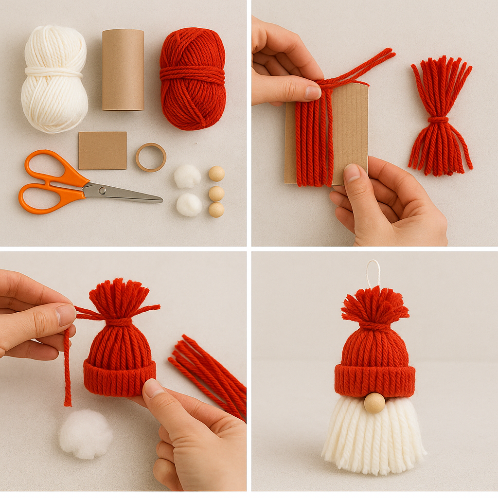 A DIY gnome ornament made from yarn, cotton, and a cardboard ring, resembling a winter hat.
This winter-themed recycled craft is perfect for building focus and sensory skills in young children.