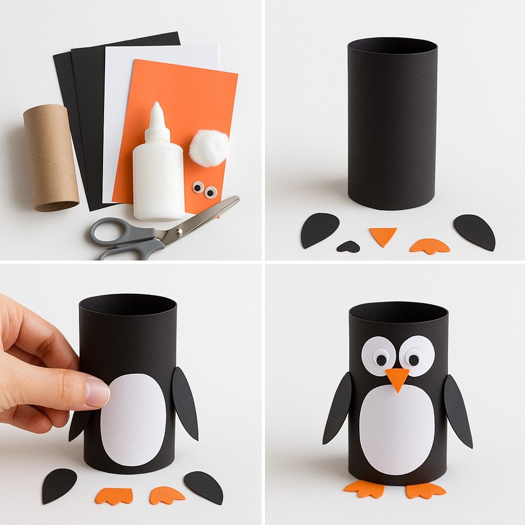 A black and white penguin made from a toilet paper roll, with orange feet and a beak.
Penguin crafts are a cute and simple way to explore winter themes with kids.