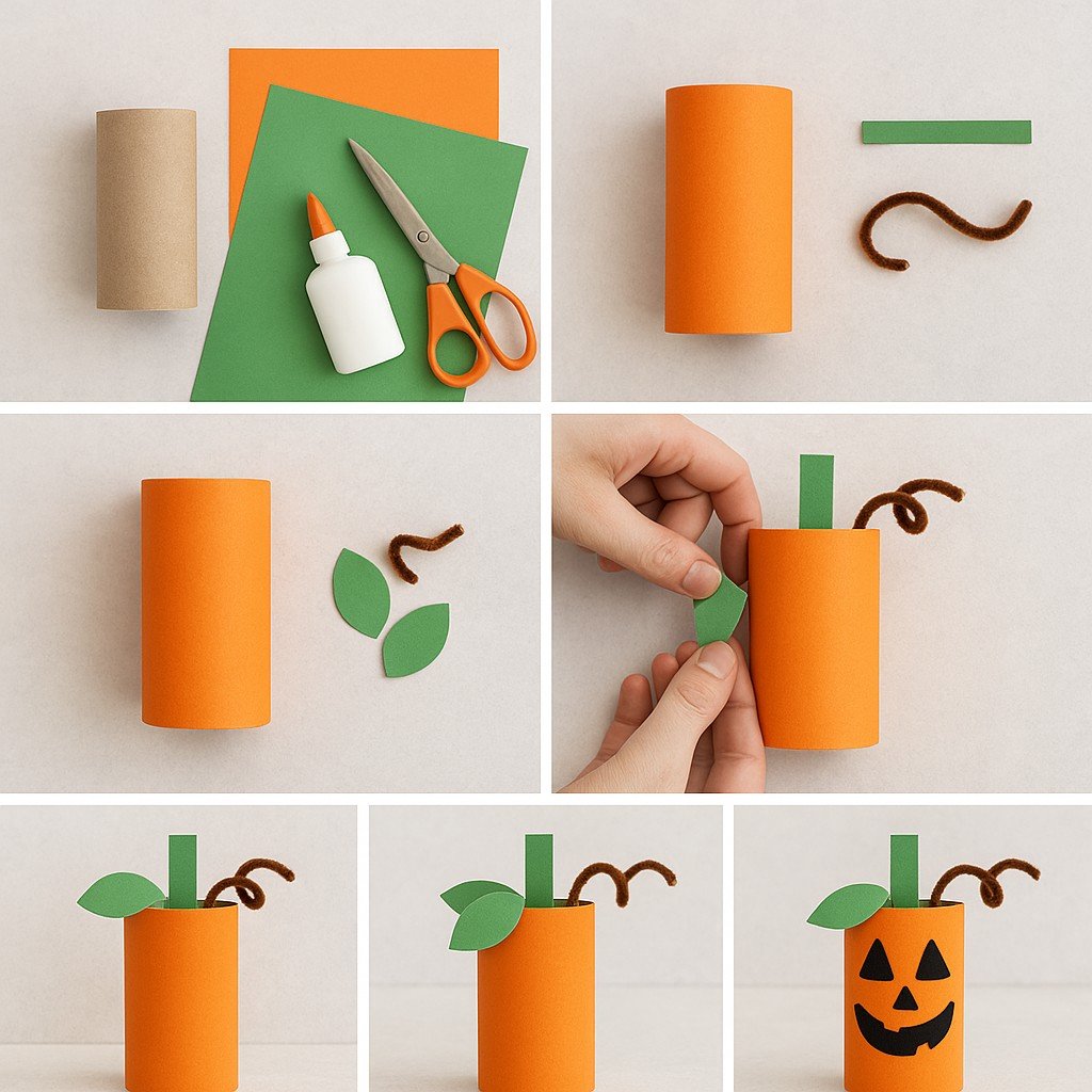 A step-by-step pumpkin craft made from an orange-wrapped toilet paper roll with green leaves and a curly brown vine.
This creative fall craft is perfect for seasonal learning and supports hand-eye coordination in preschoolers.
