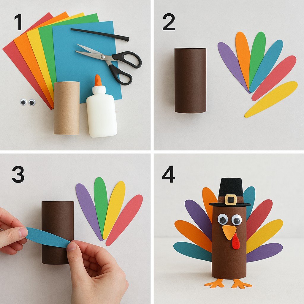 A Thanksgiving turkey craft made from a toilet paper roll with colorful paper feathers and a pilgrim hat.
This fun holiday craft uses simple materials to encourage creativity, color recognition, and seasonal storytelling.