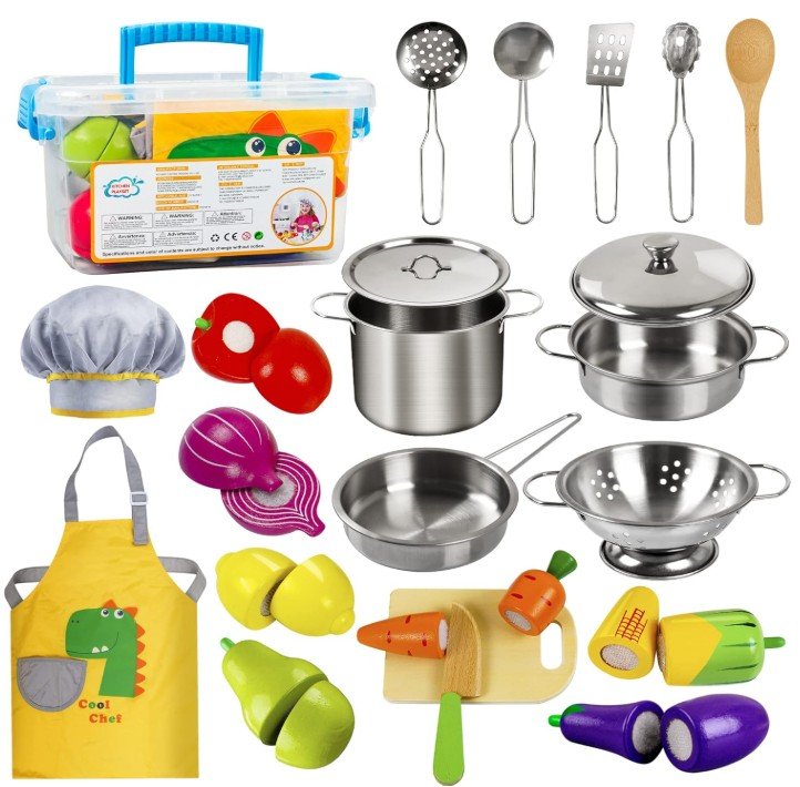 Sundaymot Play Kitchen Accessories, Wooden Play Food, Cooking Set with Stainless Steel Cookware Pots and Pans Utensils, Apron, Chef Hat, ​Cutting Food Kitchen Playset
(Amazon)