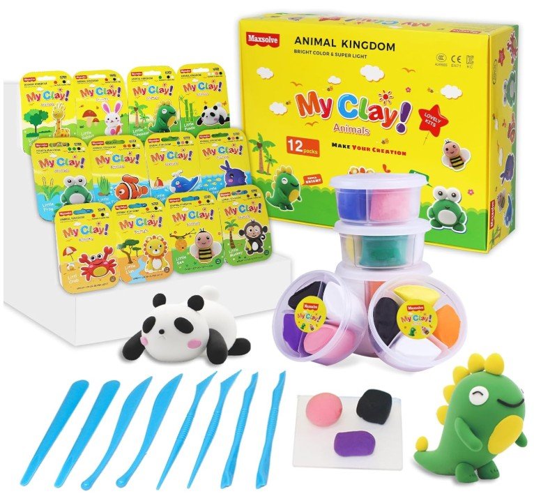 Air Dry Clay for Kids, 12 Animals Modeling Clay Kit with 8 Sculpting Tools and Clear Acrylic Sheet, Soft & Non-Sticky, Safe & Non-Toxic Magic Clays, DIY Arts & Crafts
(Amazon)