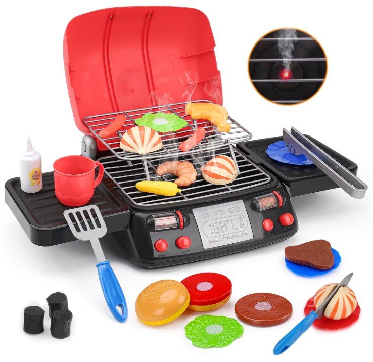 Kids Play Food Grill with Pretend Smoke Sound Light Kitchen Playset BBQ Accessories Camping Cooking Set
(Amazon)